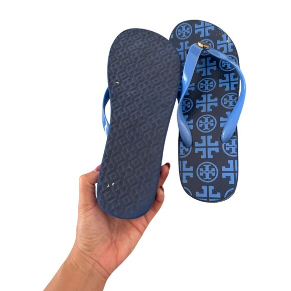 TORY BURCH Blue Gold Platform Flip Flops Sandals Size 8 - Picture 5 of 10